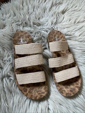 Corkys Women's Triple-Strap Slide Sandals in Beige with Leopard Footbed